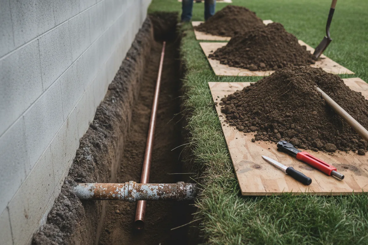 Excavated water line trench during Water Softener Installation in Bickleton